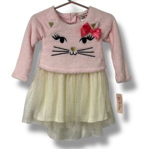 Little Lass Kitty Cat Dress Pink Fuzzy Top with Tulle Skirt Little Girls Size 2T